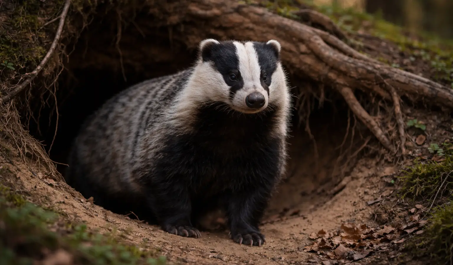 European badger burrowing mammal in woodland