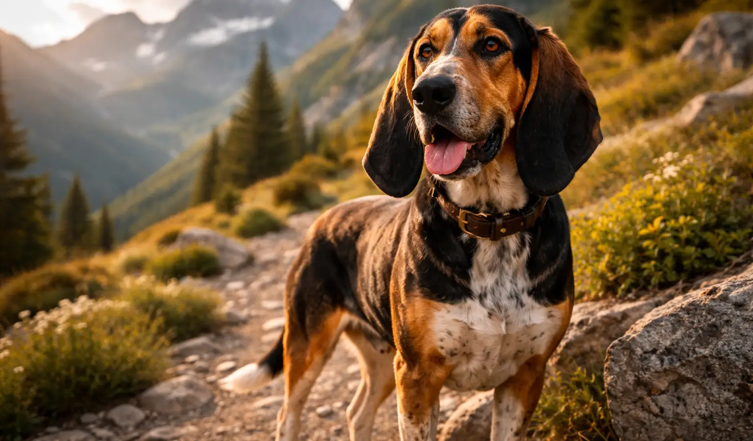 Perro Bruno del Jura de pie sobre un sendero de montaña en los Alpes