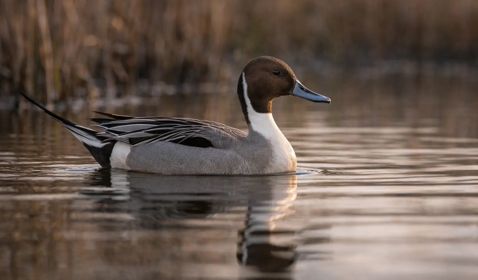 Ánade rabudo ave acuática de caza en marisma