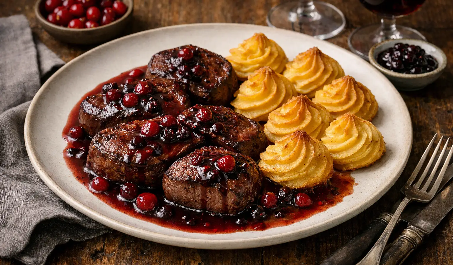Medaglioni di cervo con salsa ai mirtilli rossi e patate duchessa