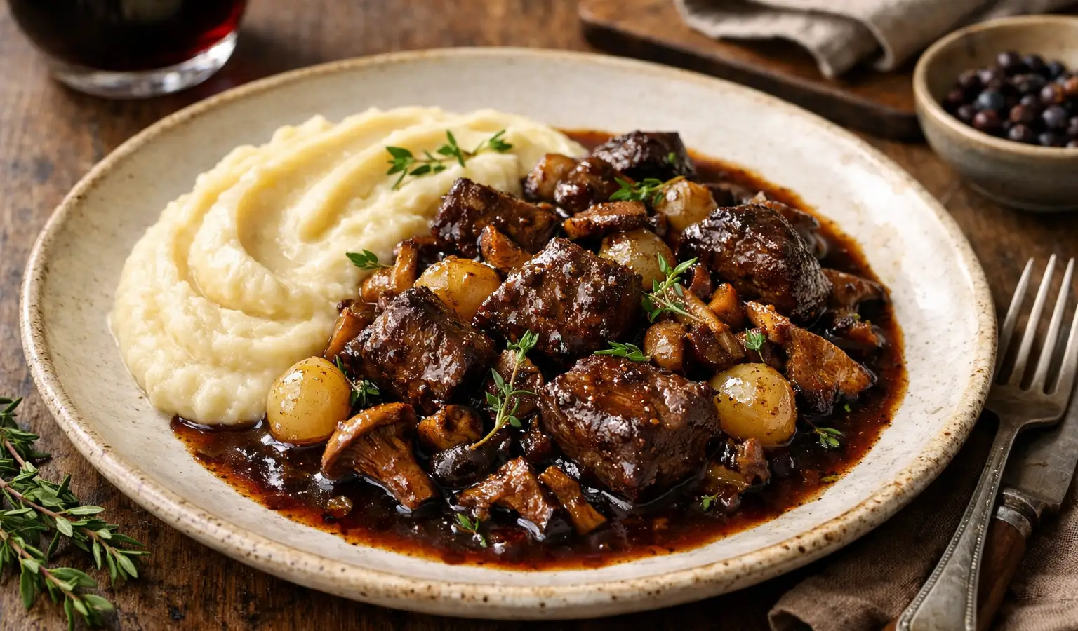Spezzatino di cervo ai funghi con purea di pastinaca