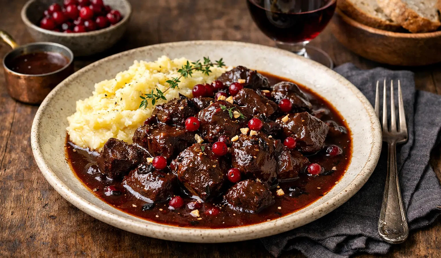 Brasato di cervo al vino rosso con salsa ai mirtilli rossi