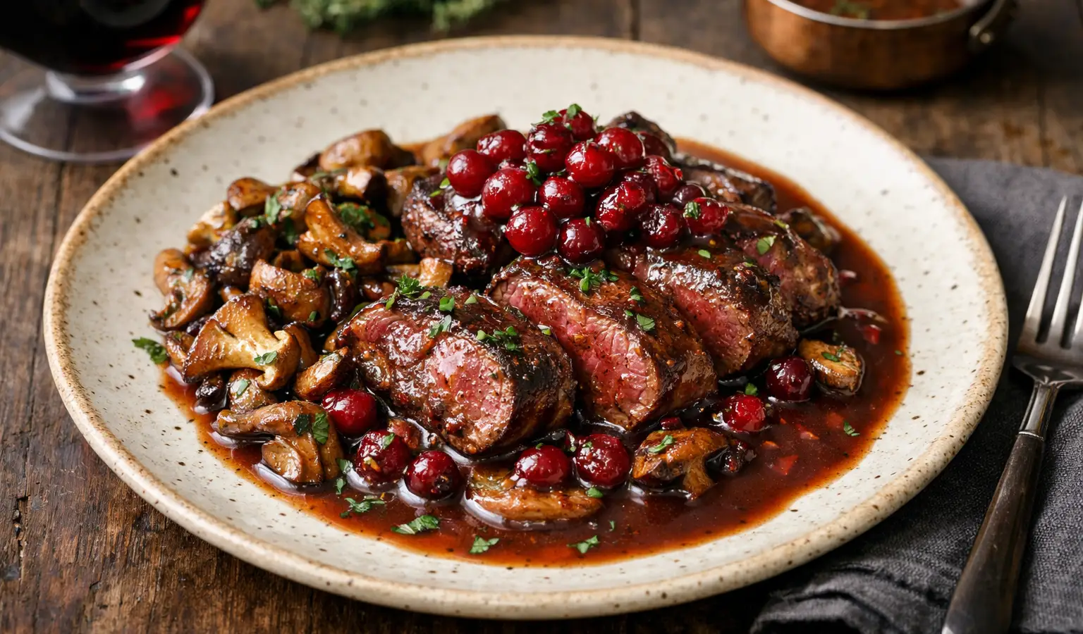 Medaglioni di capriolo ai mirtilli rossi con funghi e salsa al vino rosso