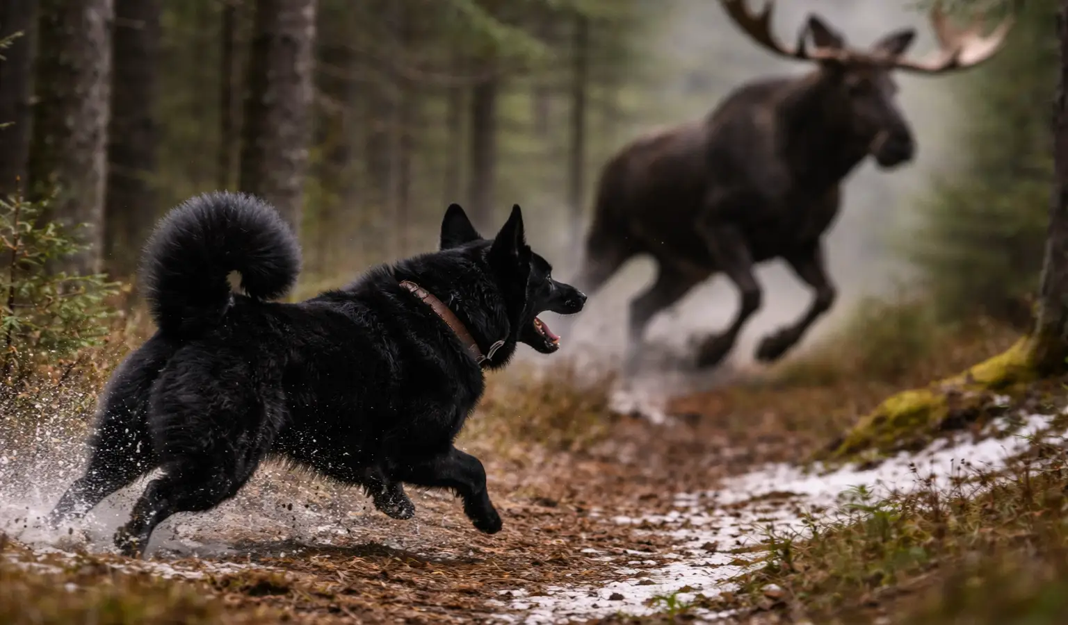 Perro de alce noruego negro en acción de caza, rastreando y bloqueando un alce