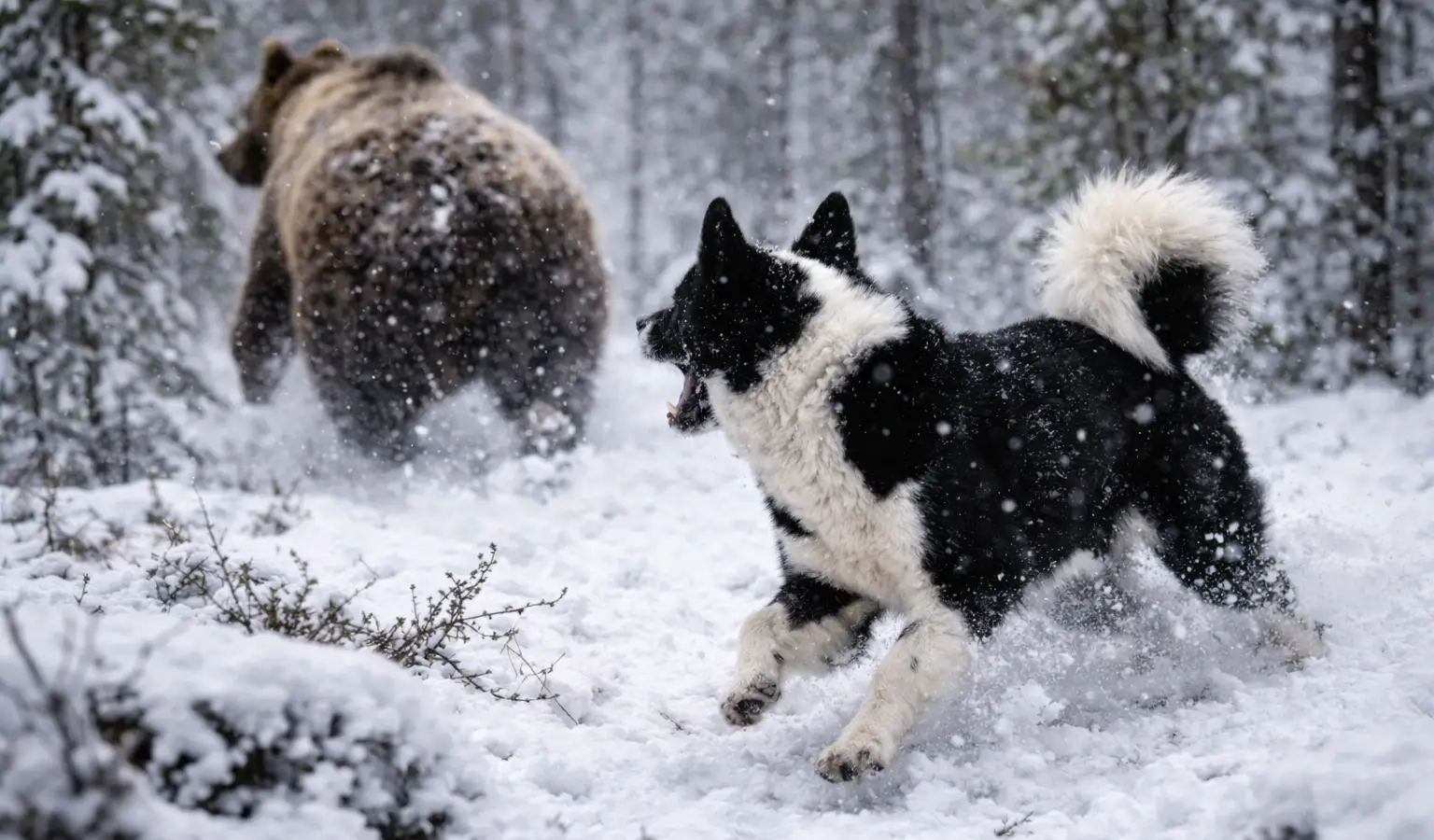 Karelian Bear Dog chasing a bear in snowy forest, northern hunting dog specialized in big game