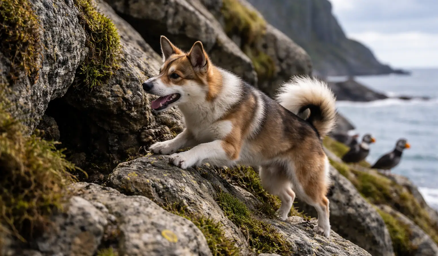 Lundehund noruego explorando un acantilado, perro de caza especializado en aves marinas