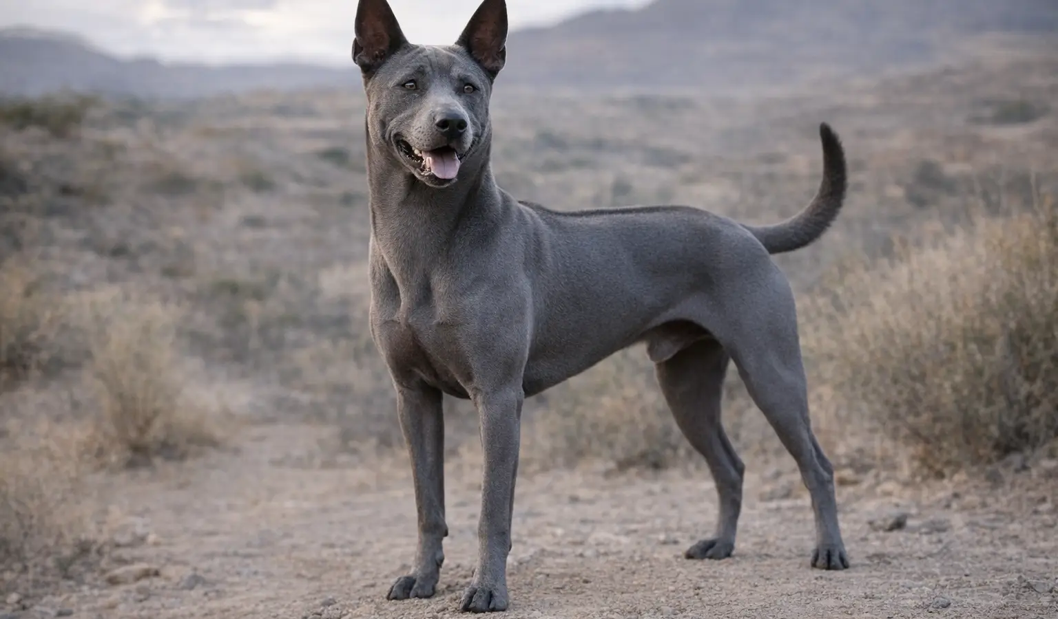 Thai Ridgeback de pie en un paisaje árido, con pelaje gris azulado, silueta atlética y cresta visible en el lomo
