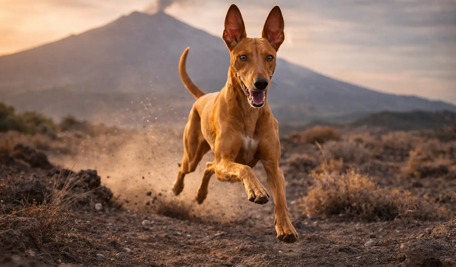 Cirneco del Etna corriendo en terreno volcánico, perro de caza ágil para caza menor