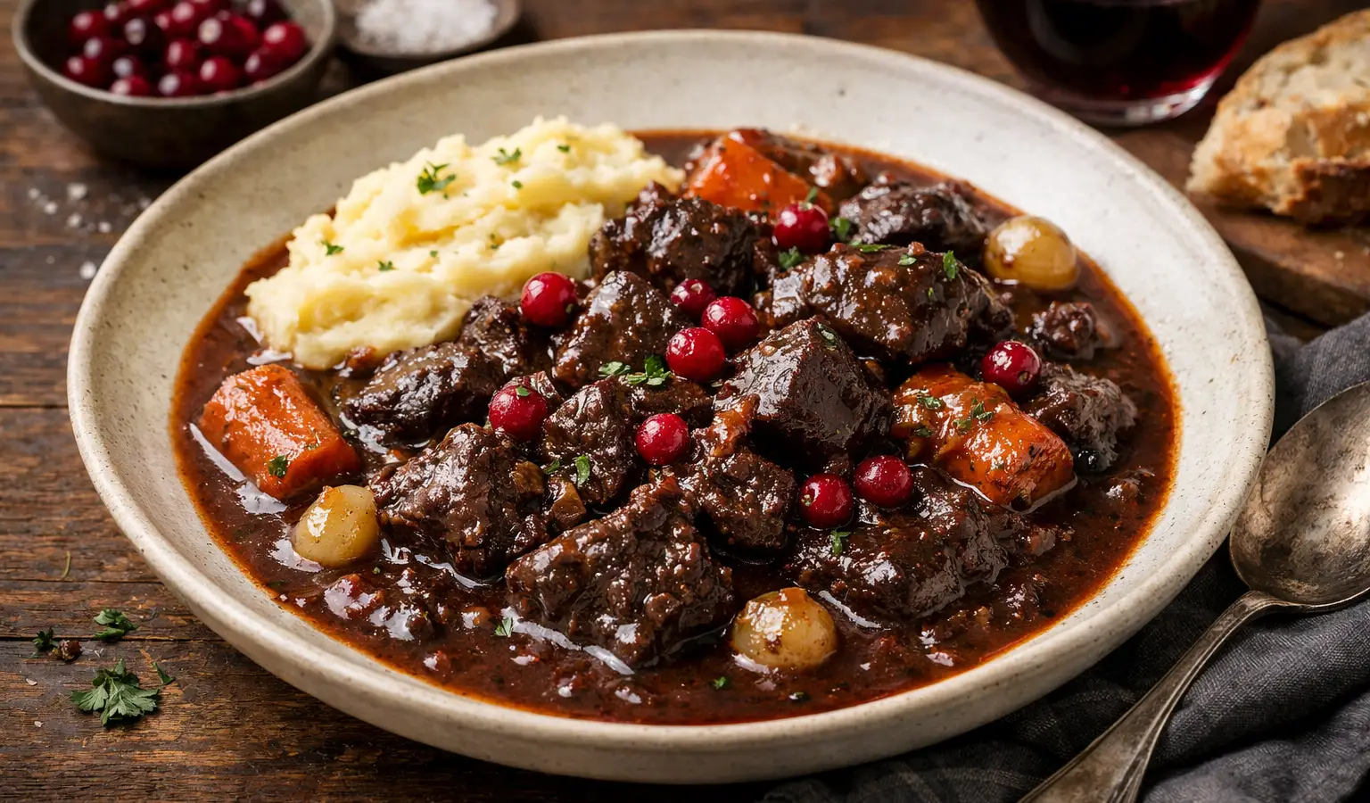 Spezzatino di cervo a bassa temperatura al vino rosso