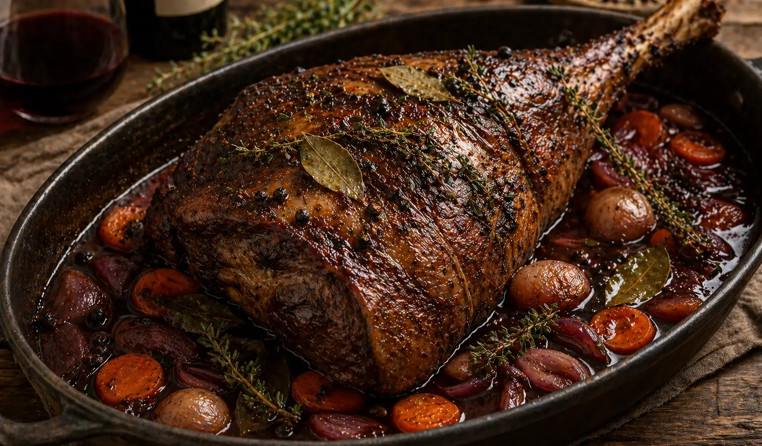 Cosciotto di cinghiale al vino rosso al forno