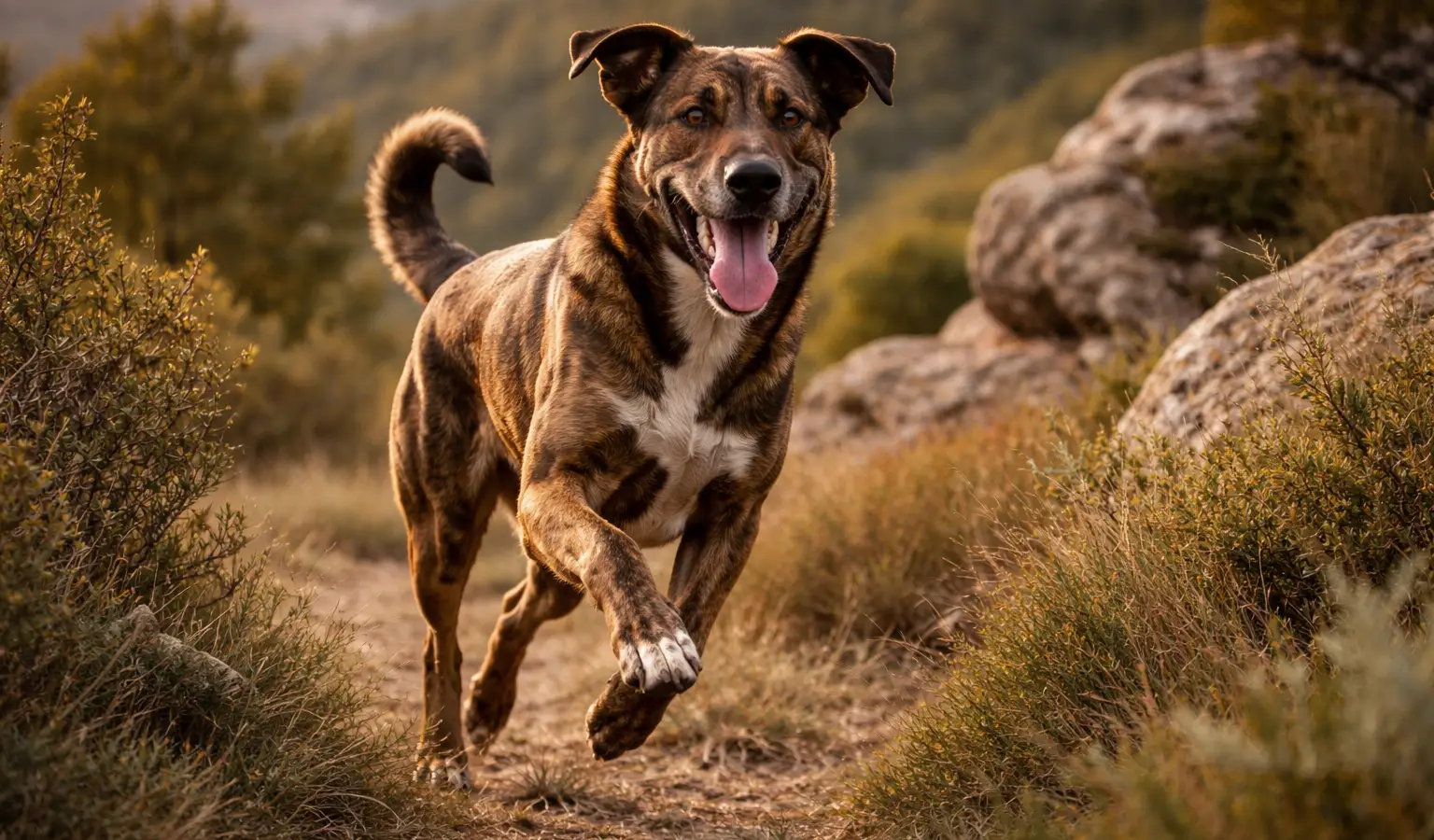 Cursinu corriendo en terreno salvaje, perro de caza corso rústico y versátil