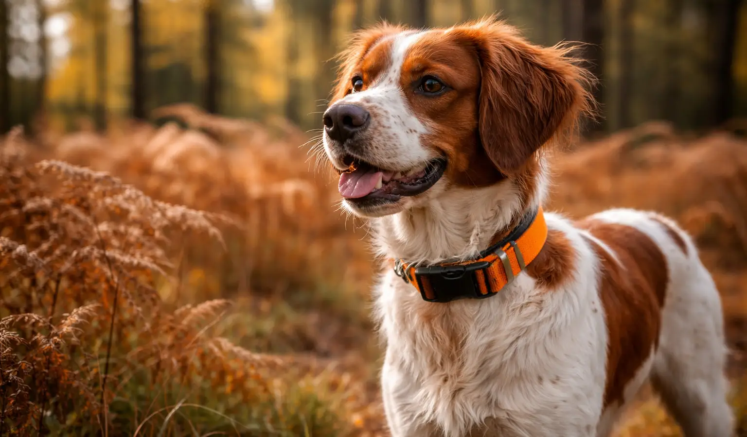 Brittany Spaniel hunting dog in an autumn forest wearing an orange tracking collar
