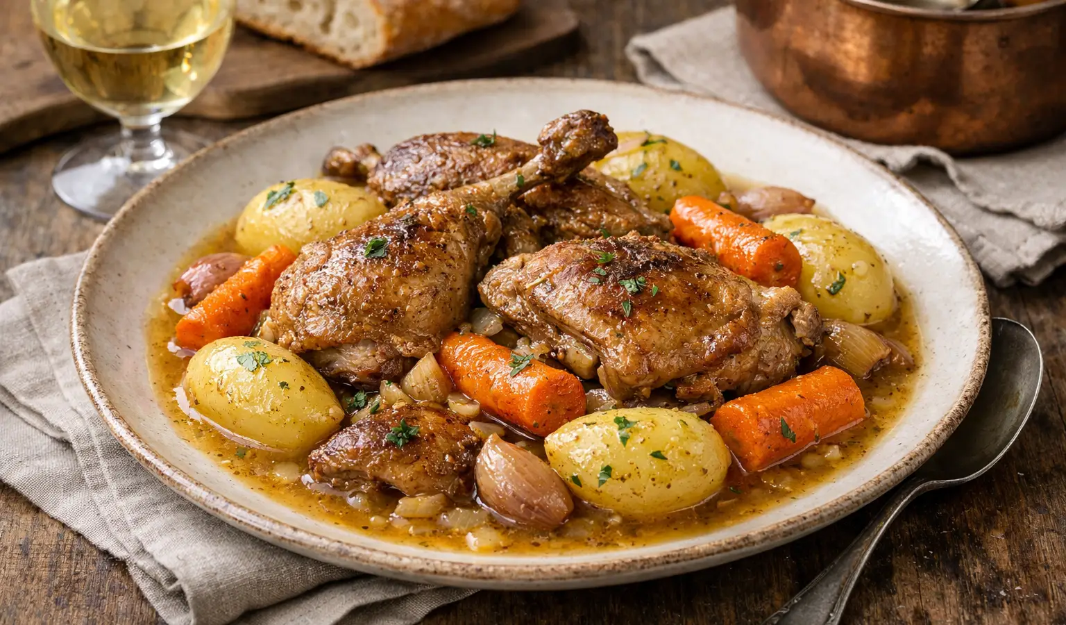 Faisão estufado com vinho branco e legumes
