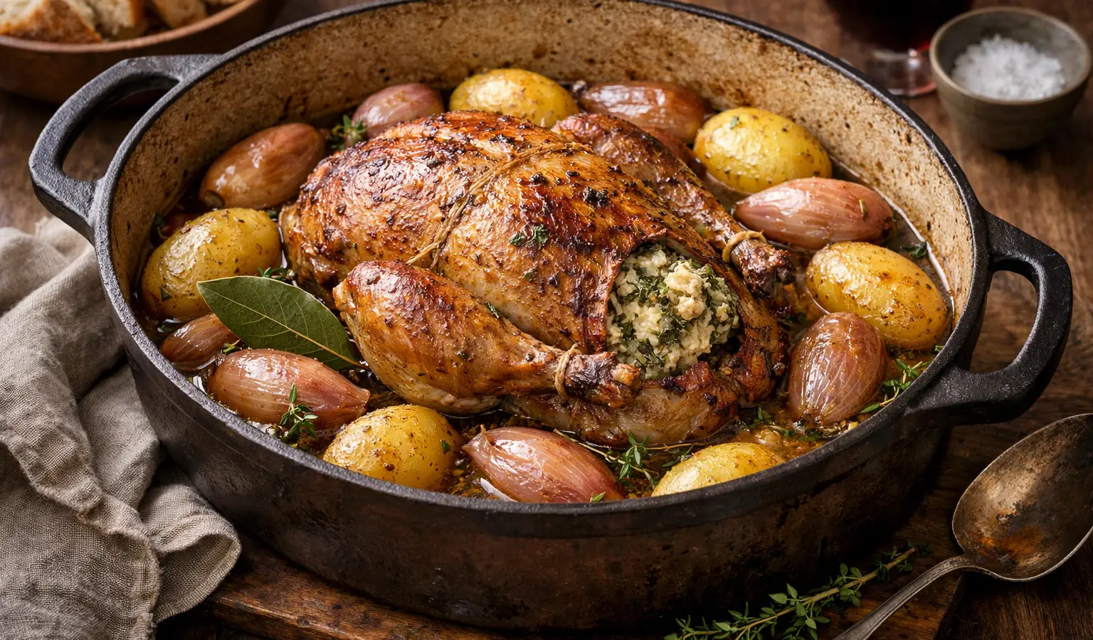 Fagiano brasato alle erbe con patate e scalogni