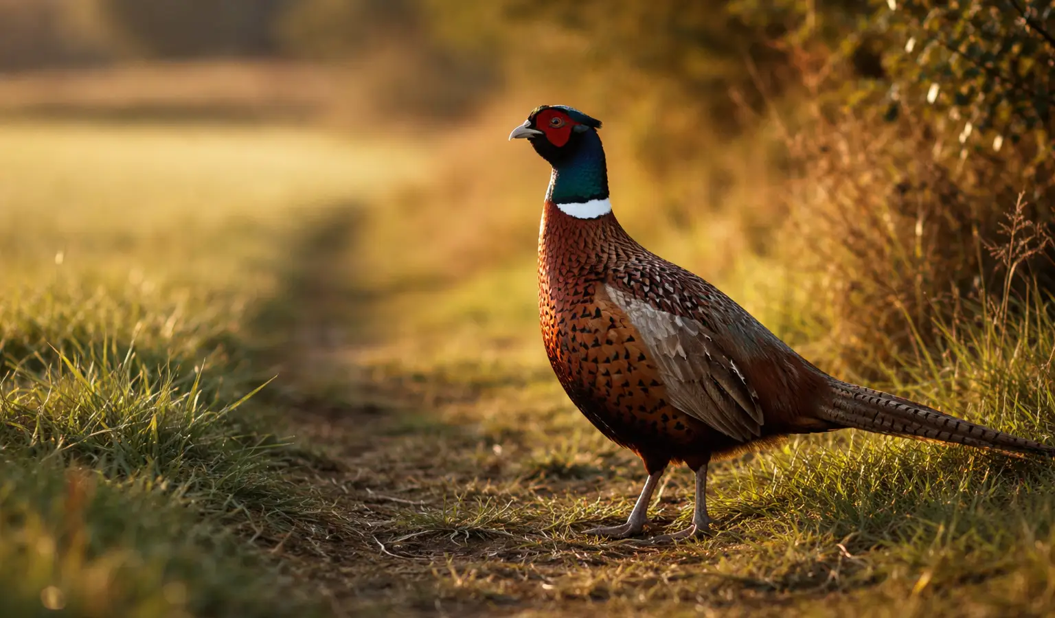 Faisán común ave de caza menor en campo
