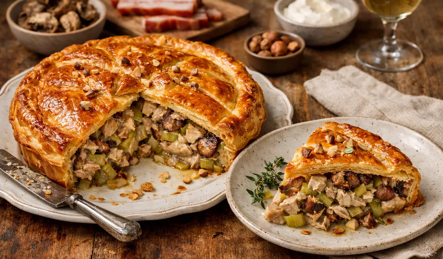 Torta salata di fagiano con porri e porcini