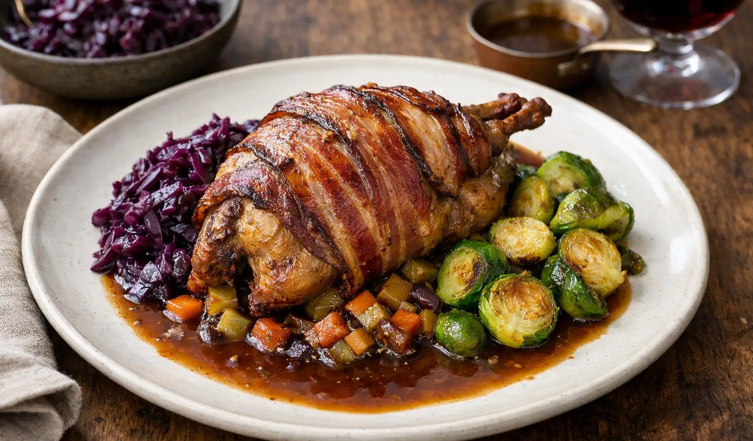 Ofengebratener Fasan mit Rotkohl und Rosenkohl