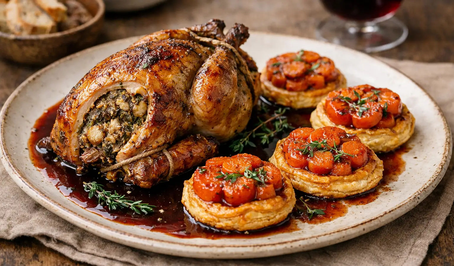 Fagiano arrosto alle erbe con salsa al vino rosso e tatin di carote