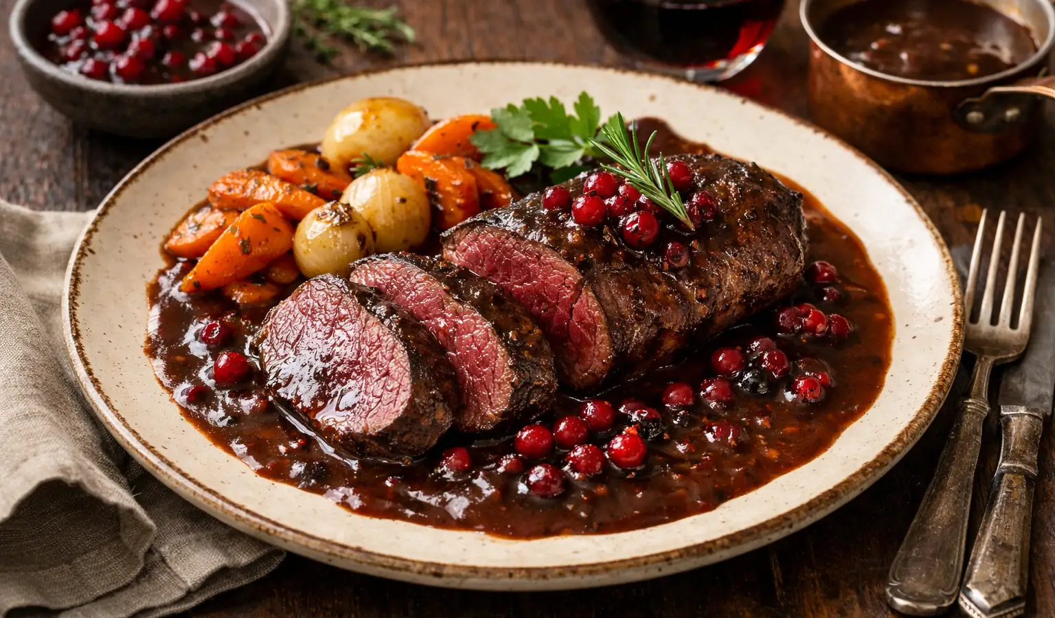 Filetto di capriolo con salsa al vino rosso e mirtilli rossi