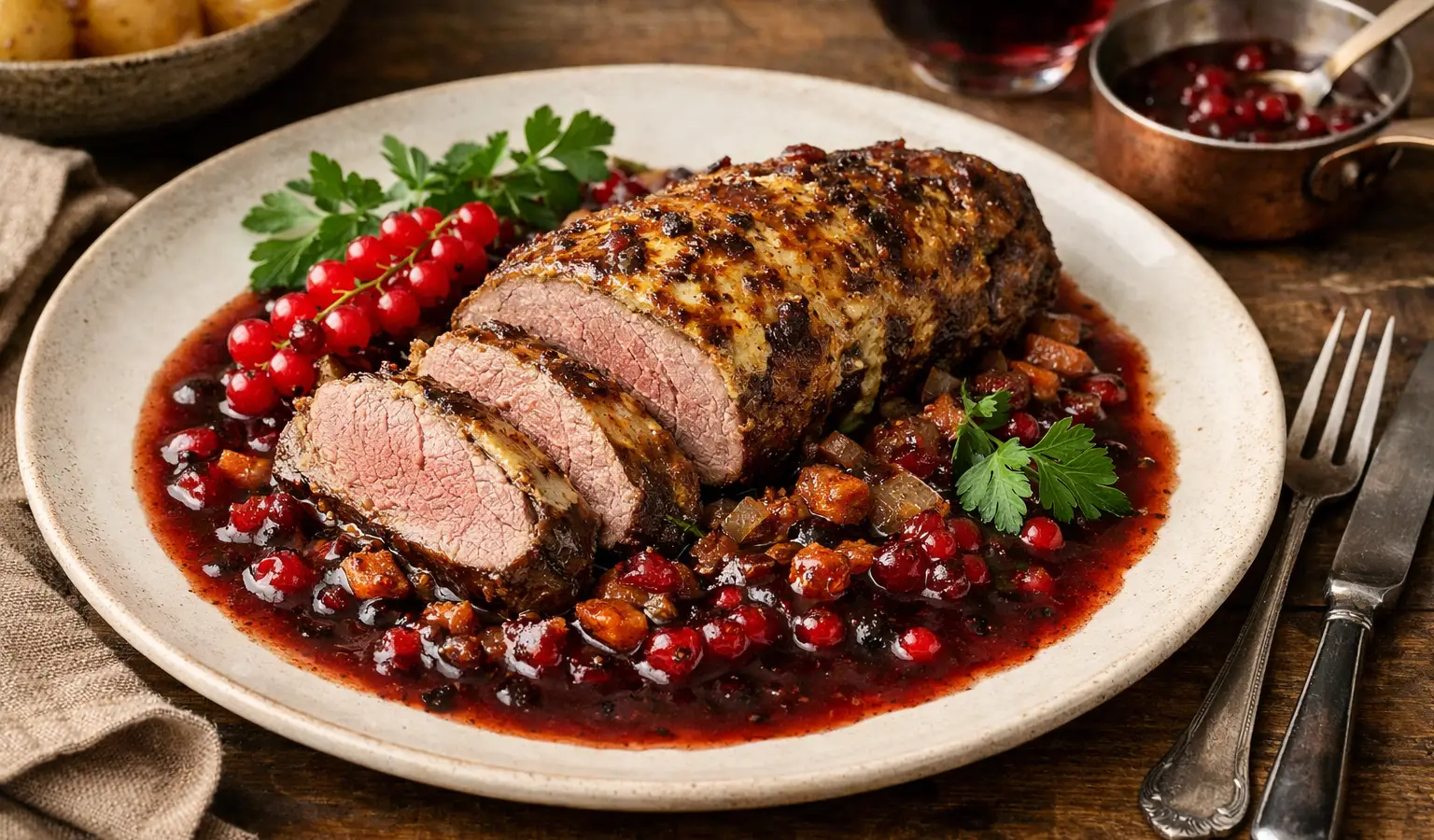Filetto di cinghiale marinato al forno con salsa al vino rosso e ribes