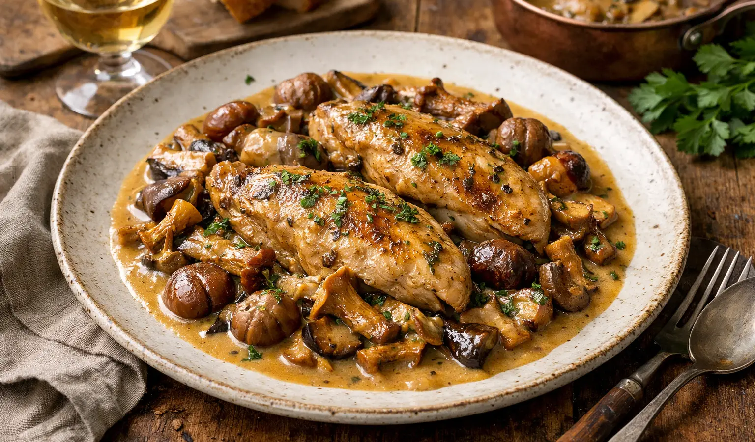 Filetti di fagiano ai funghi misti e castagne