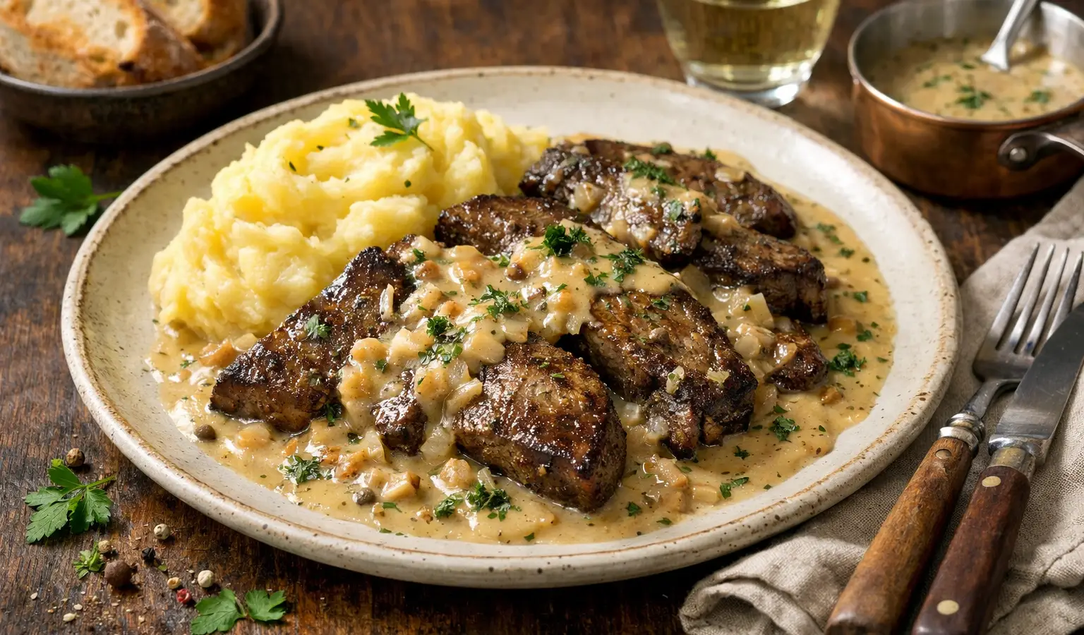 Fegato di cinghiale in padella con salsa cremosa al vino bianco