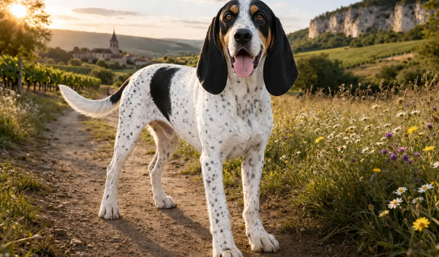 Perro Gascon Saintongeois con manchas moteadas de pie sobre un camino rural a la hora dorada
