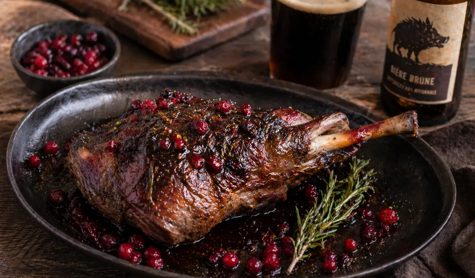 Pierna de jabalí al horno con cerveza negra, miel y frutos rojos