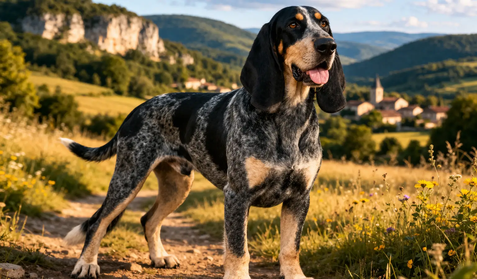Sabueso Grand Bleu de Gascogne sobre un sendero rural en el campo francés