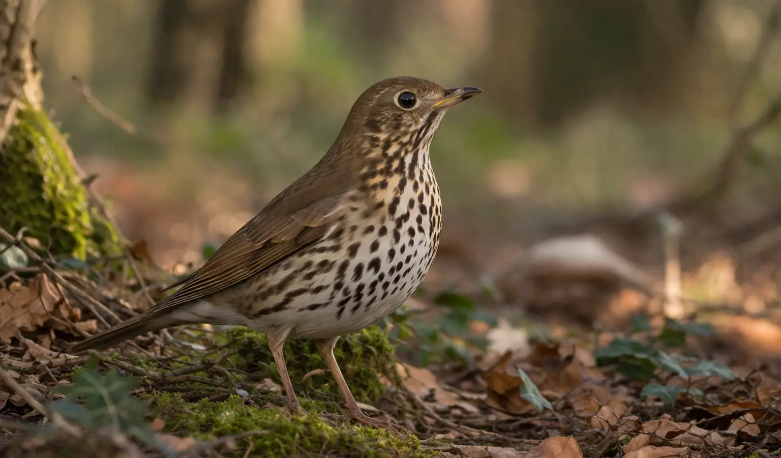 Zorzal común ave migratoria en bosque