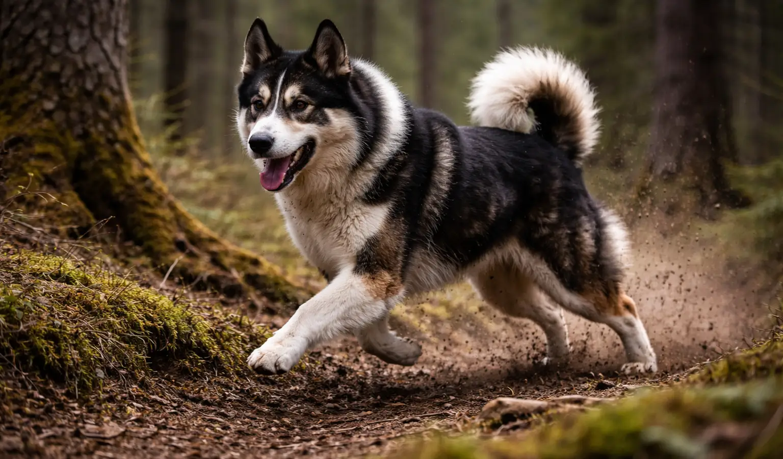 East Siberian Laika tracking scent in forest, hunting dog with strong scent ability