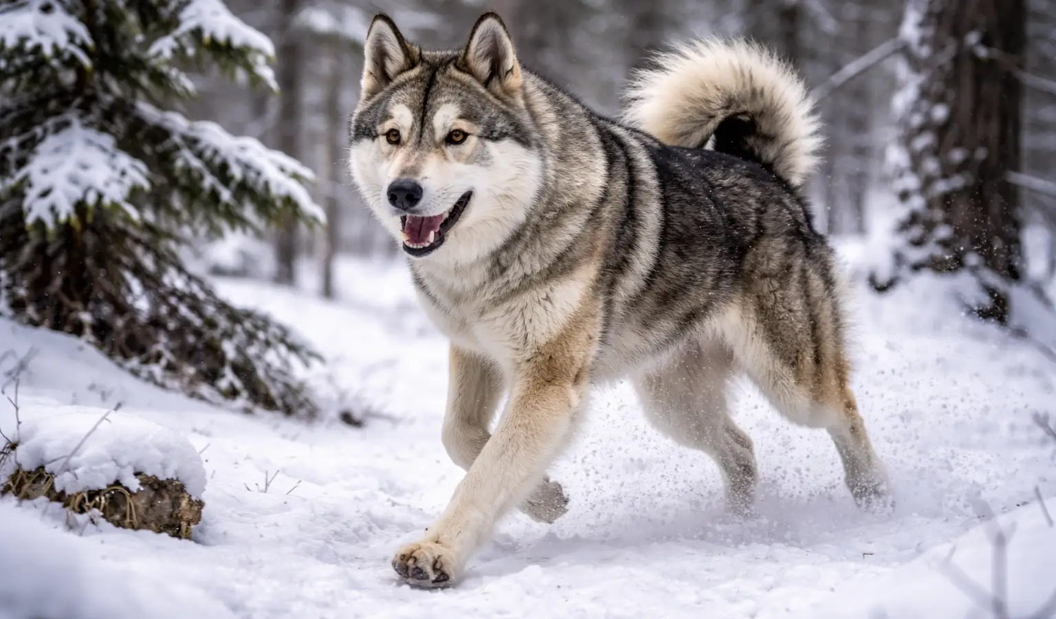 Laika de Siberia occidental corriendo en la nieve, perro de caza nórdico con aspecto de lobo