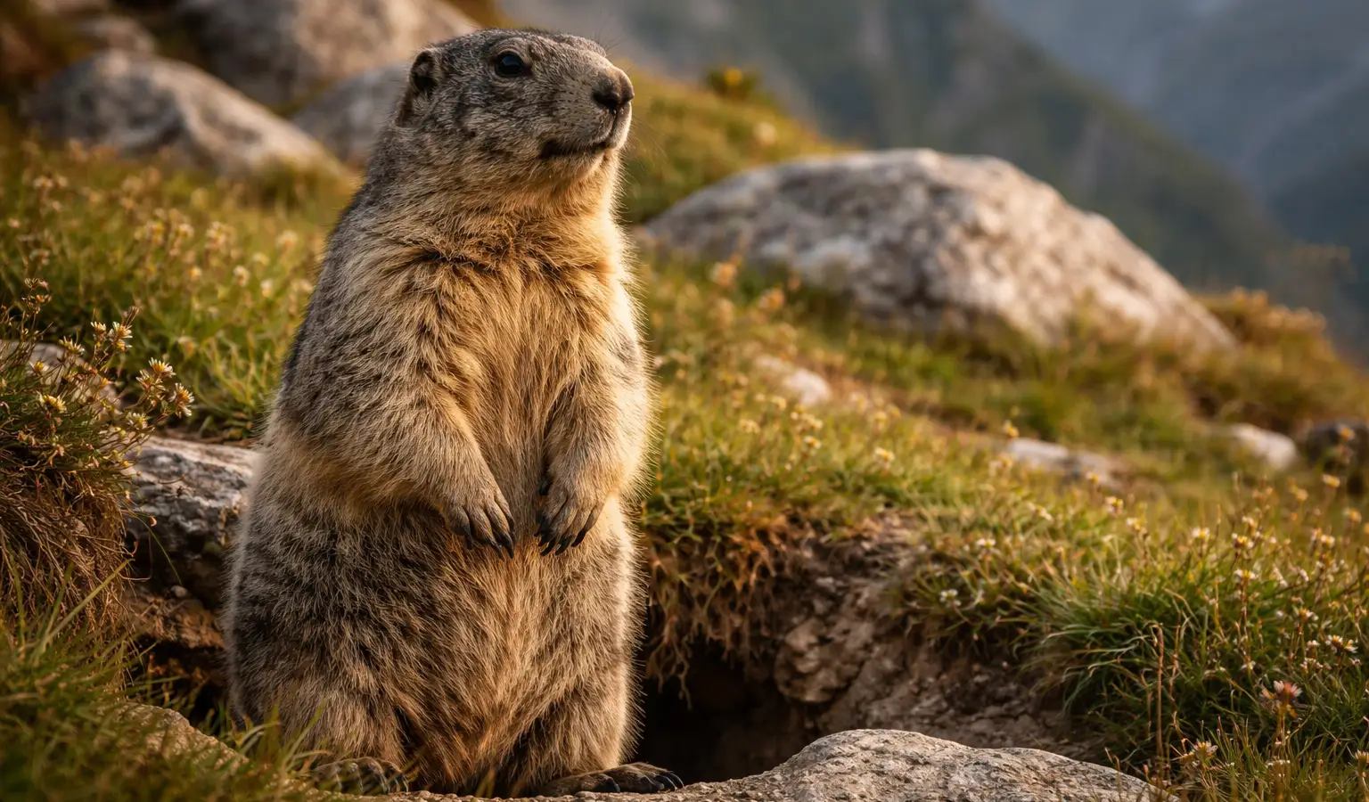 Alpine marmot small game mammal in mountain meadow