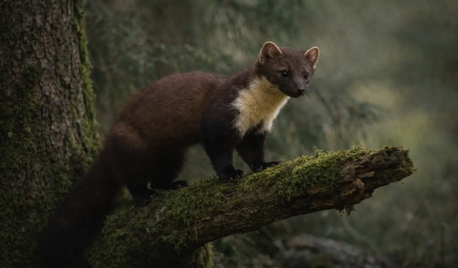 Pine marten forest predator in woodland