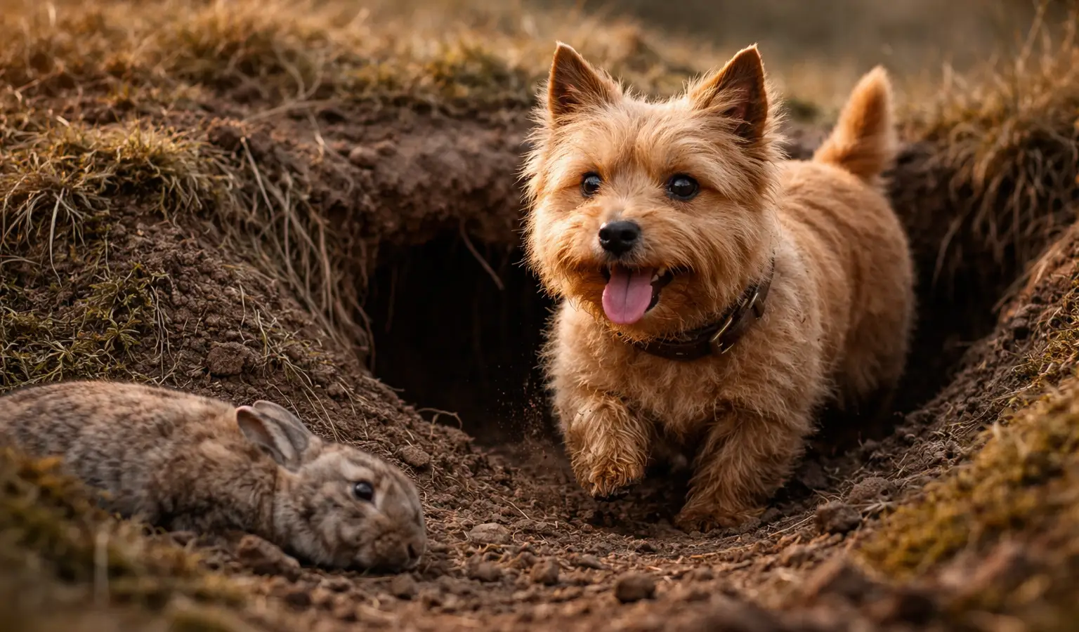Norwich Terrier saliendo de una madriguera durante la caza en el campo