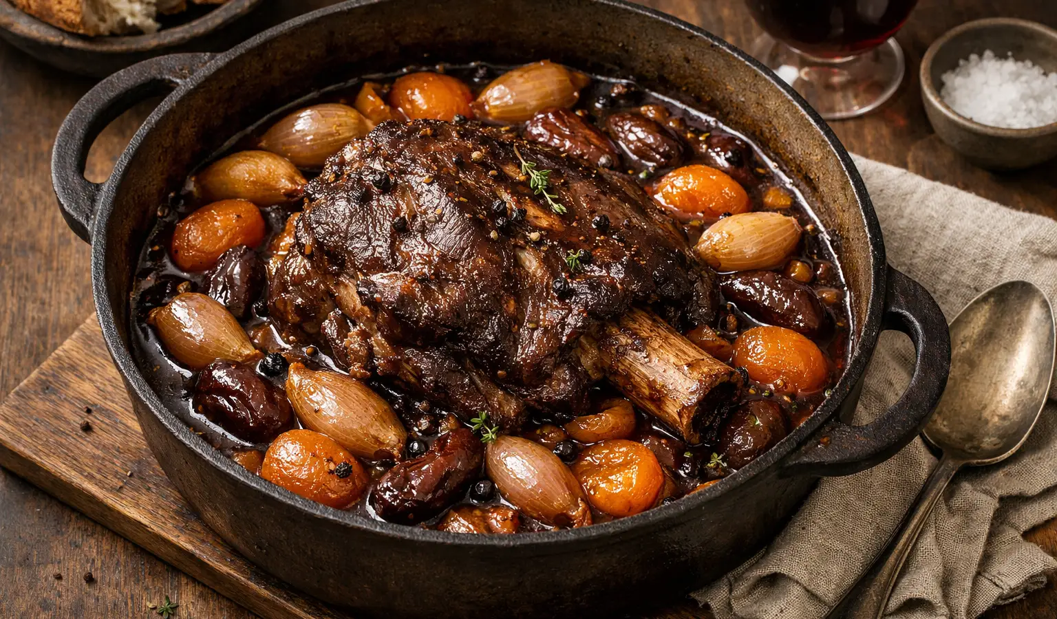 Spalla di cervo brasata al vino rosso con scalogni e frutta morbida