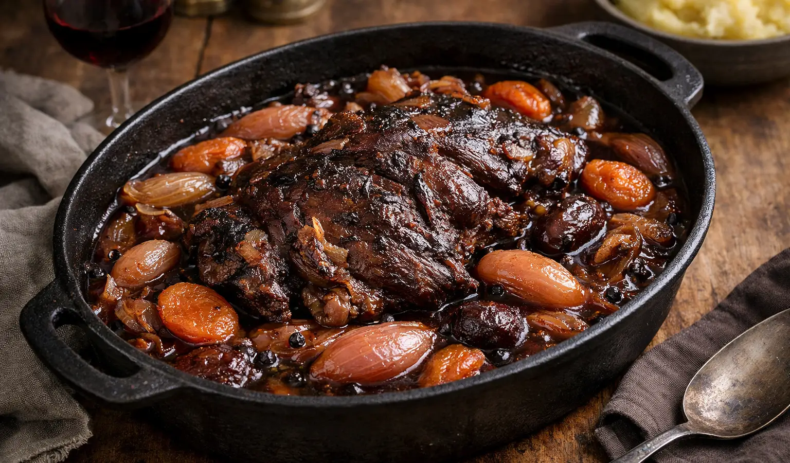 Spalla di capriolo brasata al vino rosso con scalogni e frutta morbida