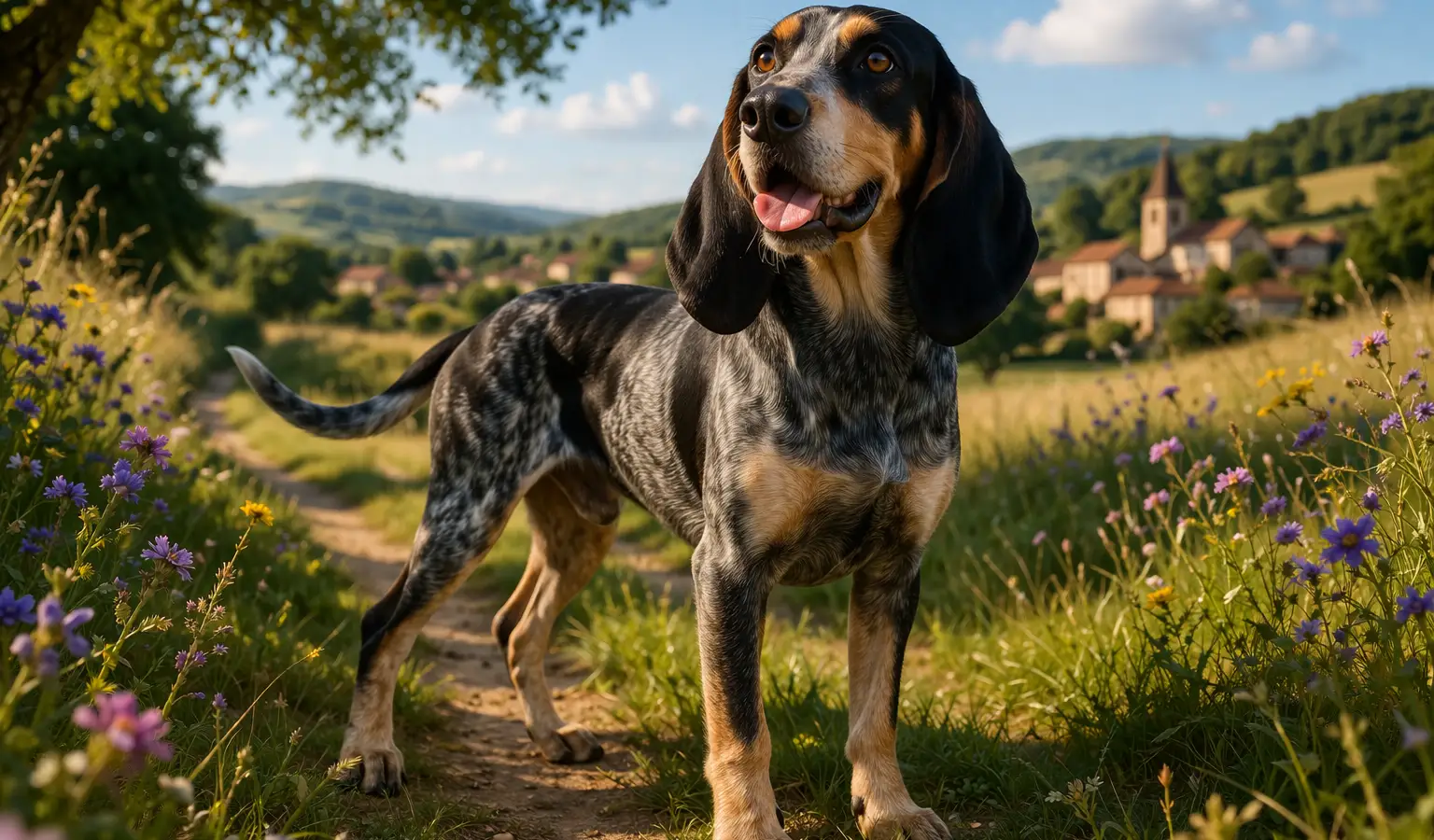 Perro Petit Bleu de Gascogne de pie sobre un camino rural con luz dorada