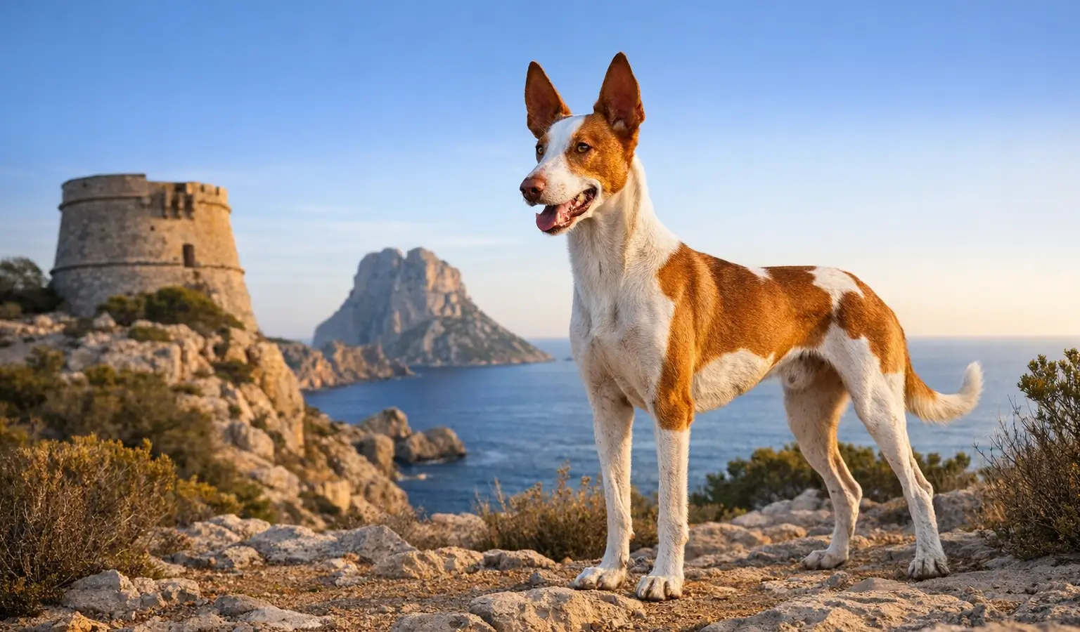 Podenco ibicenco de pie sobre un terreno rocoso junto al mar al atardecer