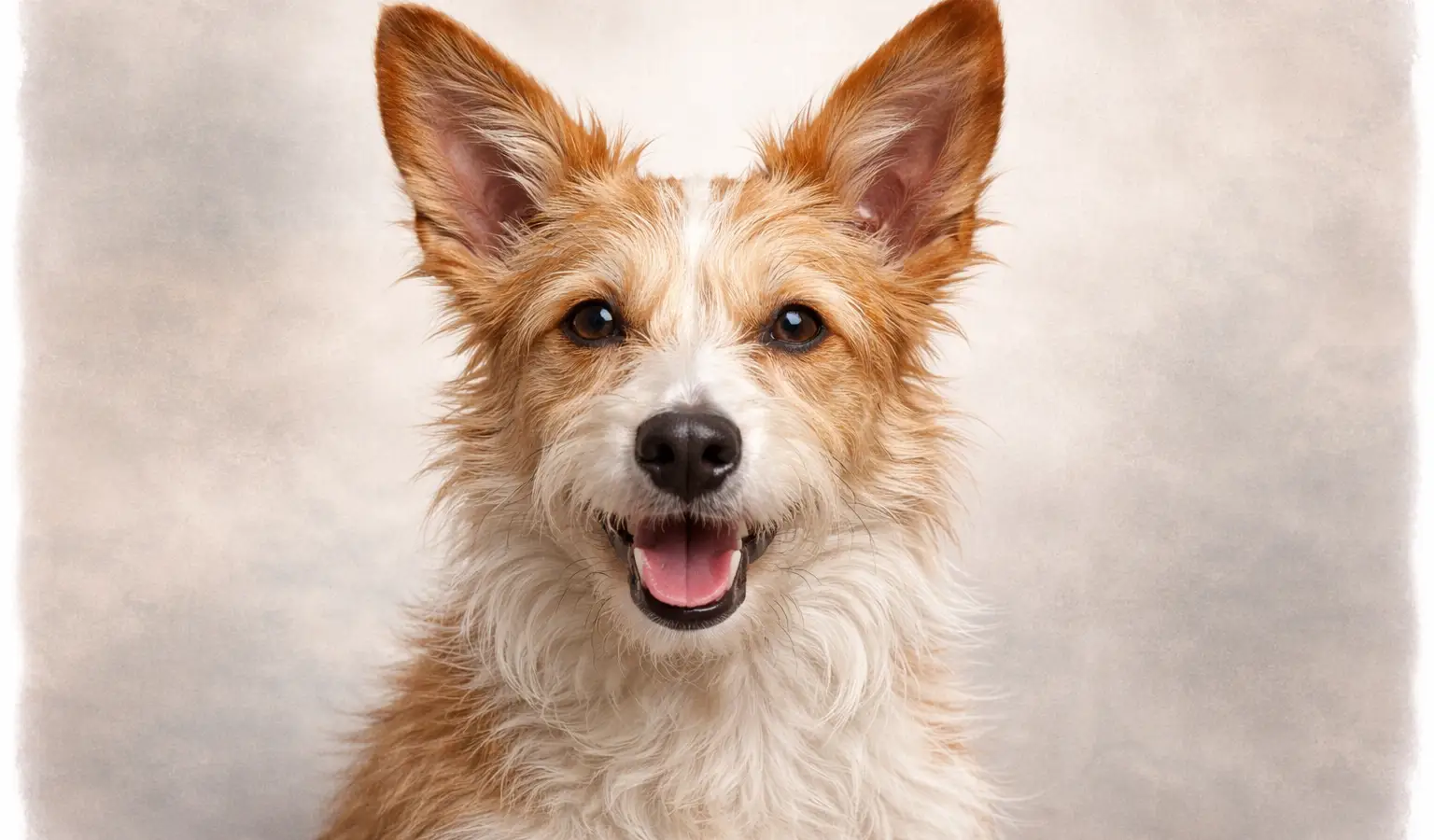 Podenco portugués de pie sobre un fondo claro, con pelo duro blanco y leonado, orejas erguidas y mirada vivaz