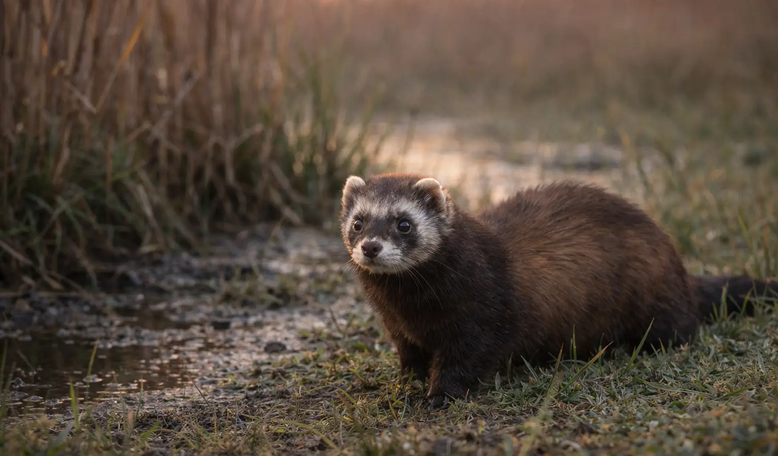 European polecat predator in wet meadow