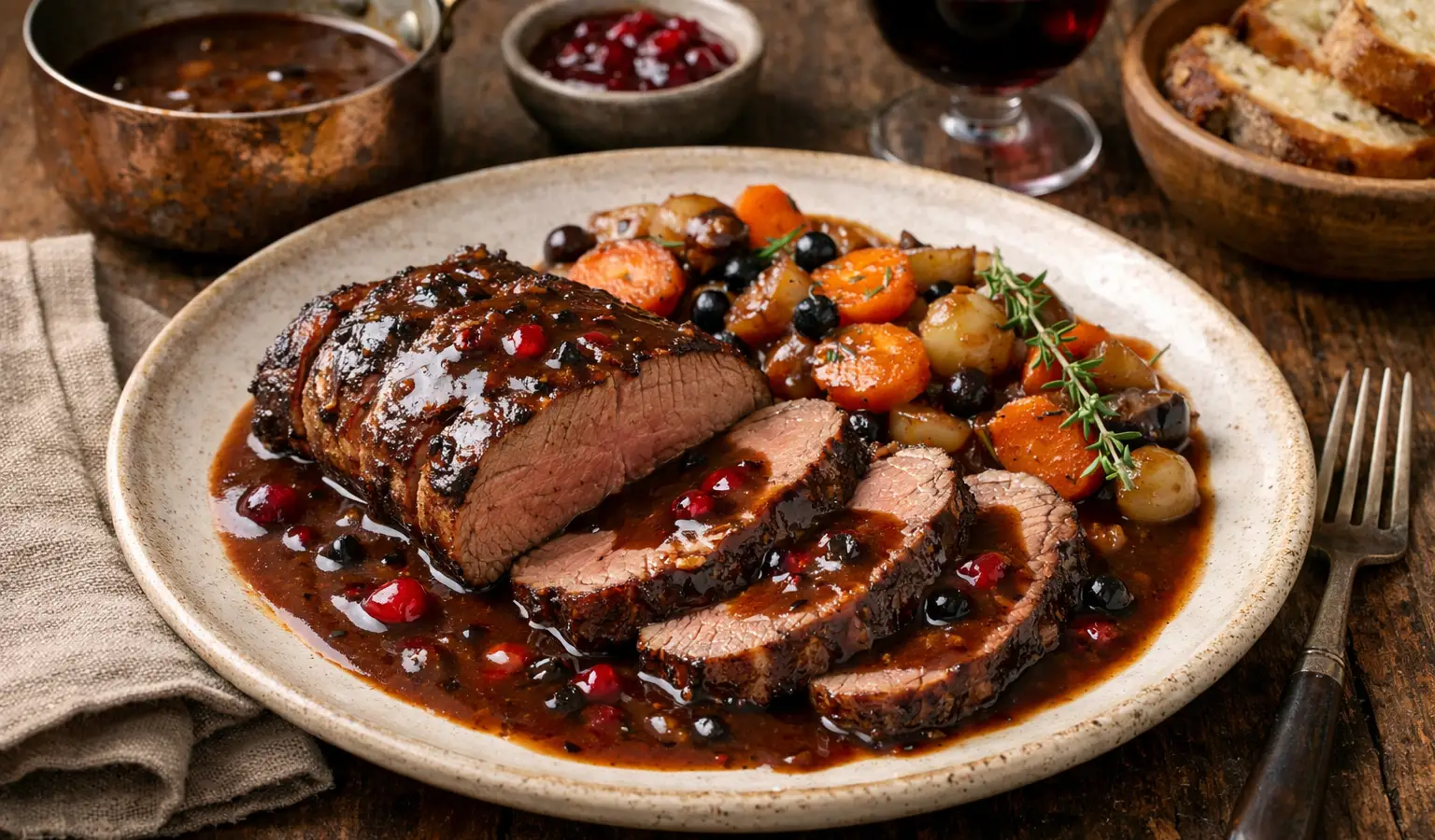 Rôti de sanglier sauce grand veneur, mijoté au vin rouge