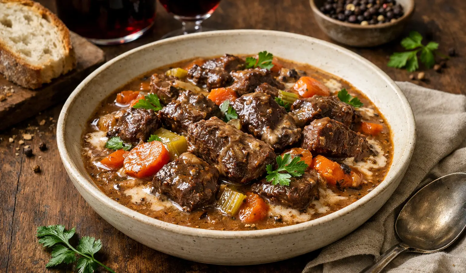 Spezzatino di capriolo al vino rosso con funghi alla cacciatora