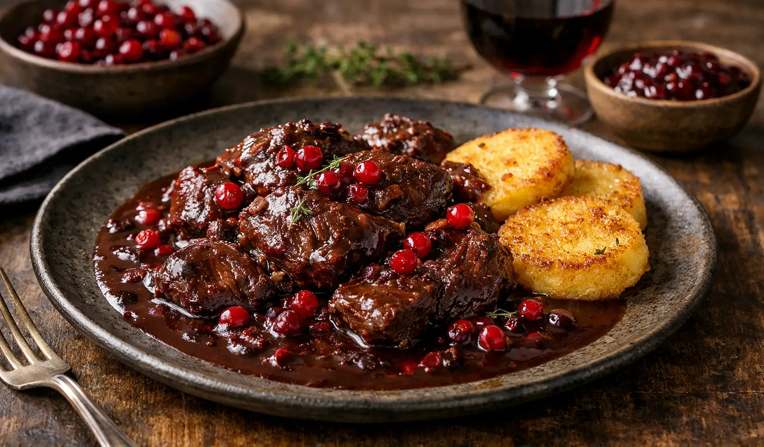 Stufato di cinghiale ai mirtilli rossi con polenta croccante