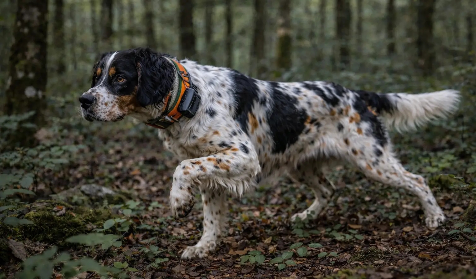 Tricolor English Setter hunting dog pointing in woodland, low feline stance