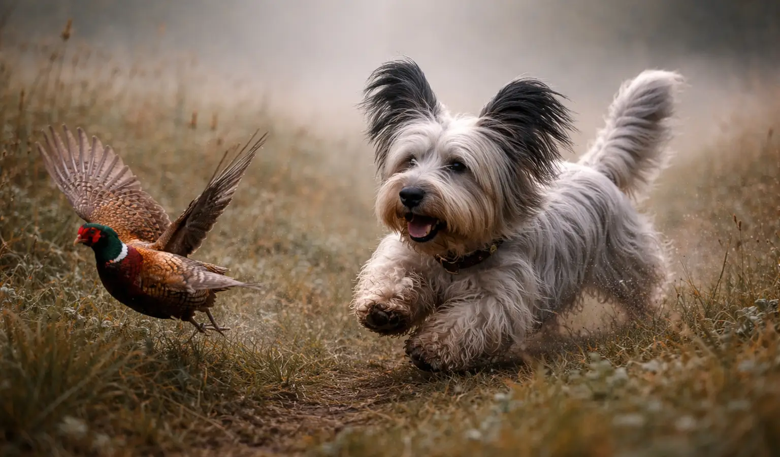 Skye Terrier persiguiendo a un faisán en un campo brumoso
