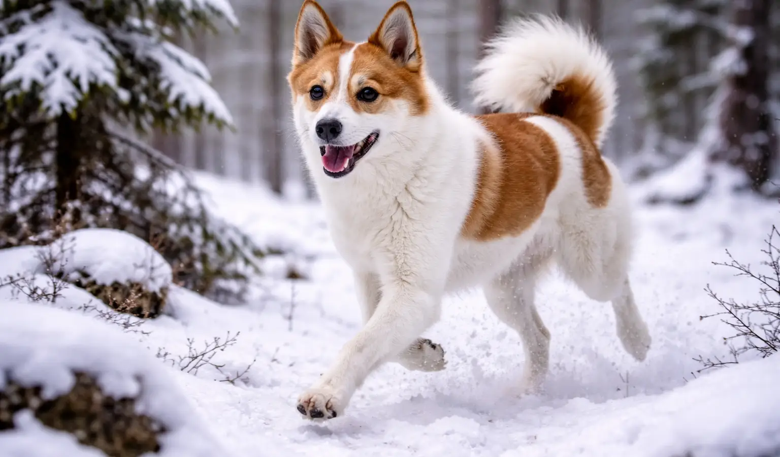 Spitz de Norrbotten corriendo en la nieve, pequeño perro de caza nórdico ágil