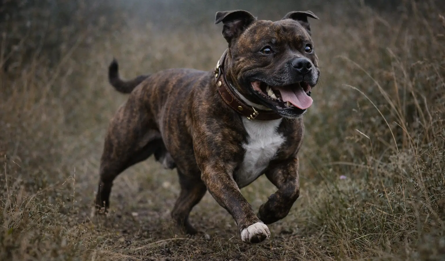Staffordshire Bull Terrier corriendo con fuerza y agilidad en terreno natura