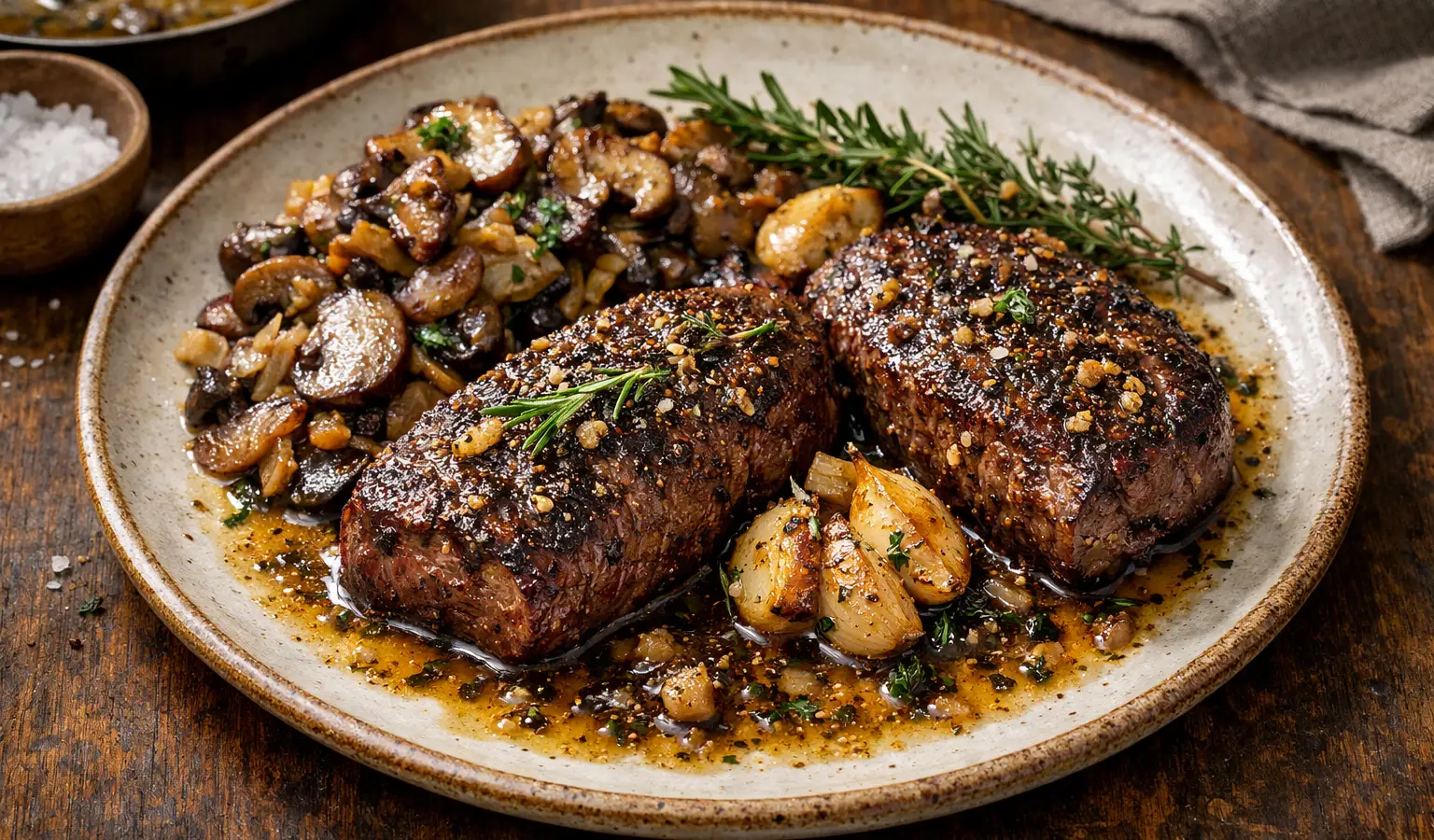 Pan-Seared Venison Strip Steaks with Forest Pepper, Garlic and Herbs