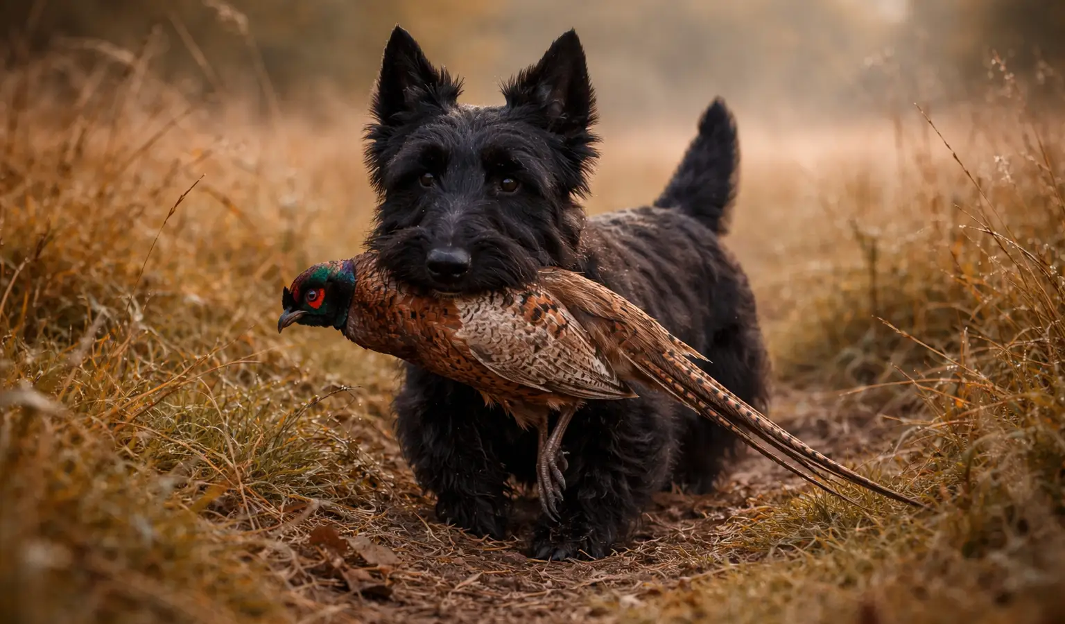 Terrier escocés recuperando un faisán en un campo al amanecer